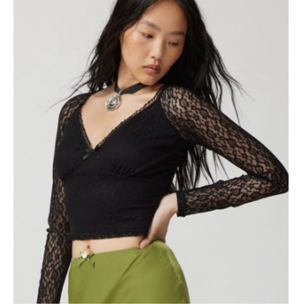 Urban Outfitters Black Lace Long-Sleeve Wrap Crop Top